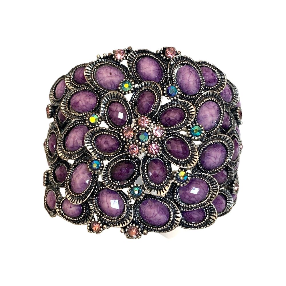 Wide Purple Cabochon Rhinestone Hinged Clamper Cuff Bracelet Gunmetal Floral